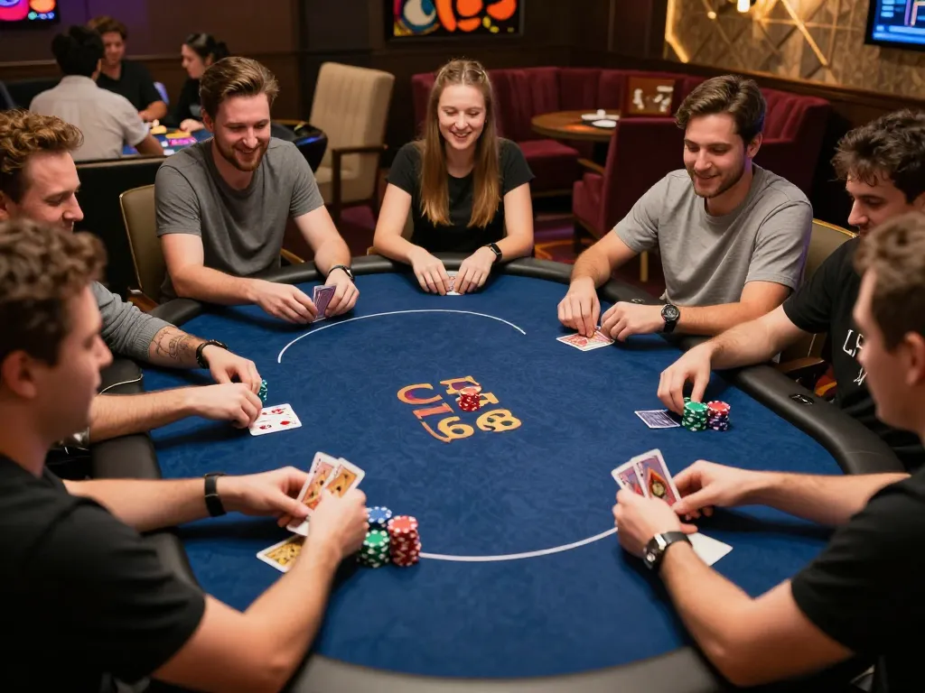C168 poker players strategizing with chips and cards in a lively home game atmosphere