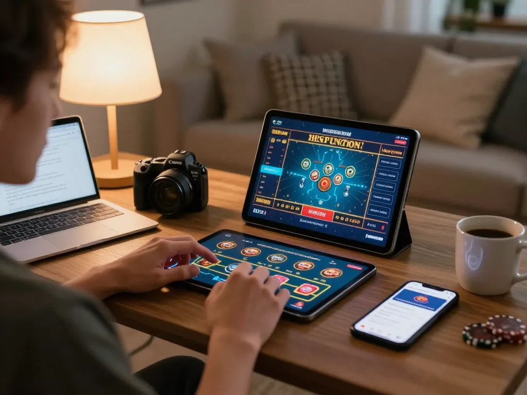 Person enjoying online gambling on manclub app from cozy home setup with tablet.