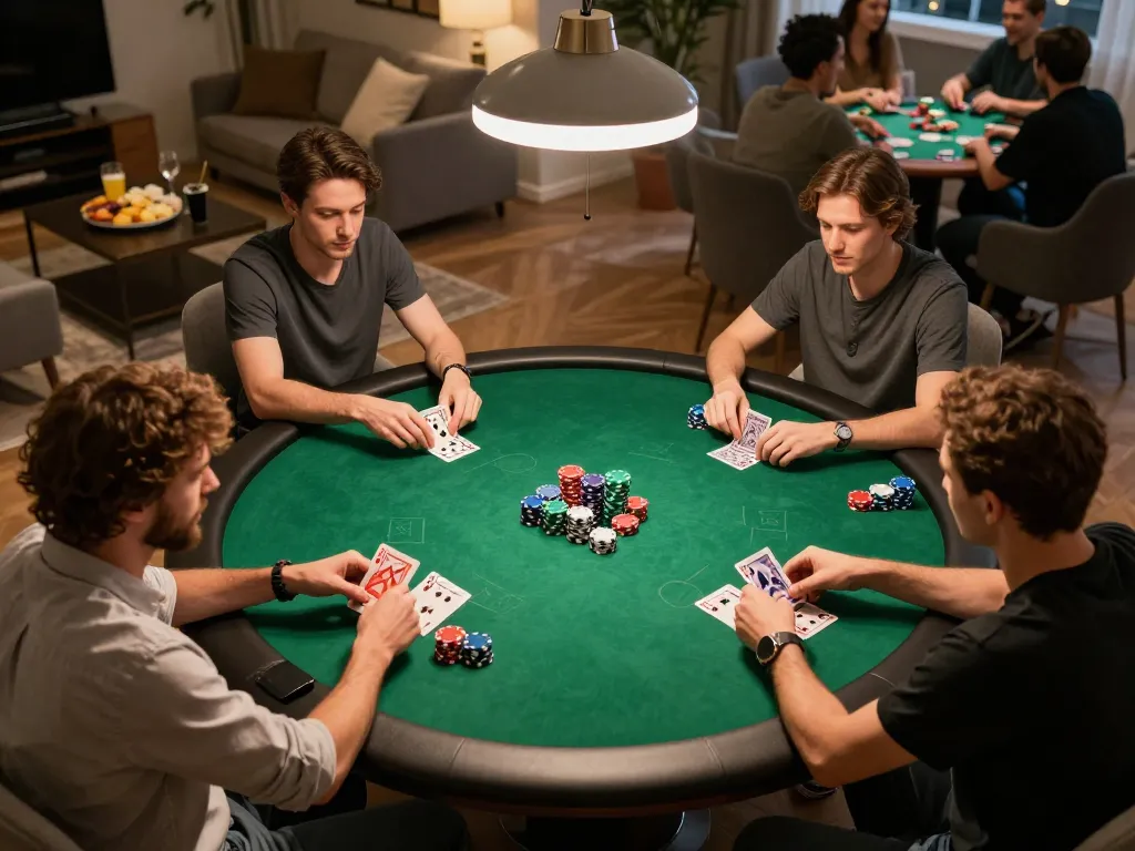FABET poker game in a cozy home setting with players engaged in focused gameplay.