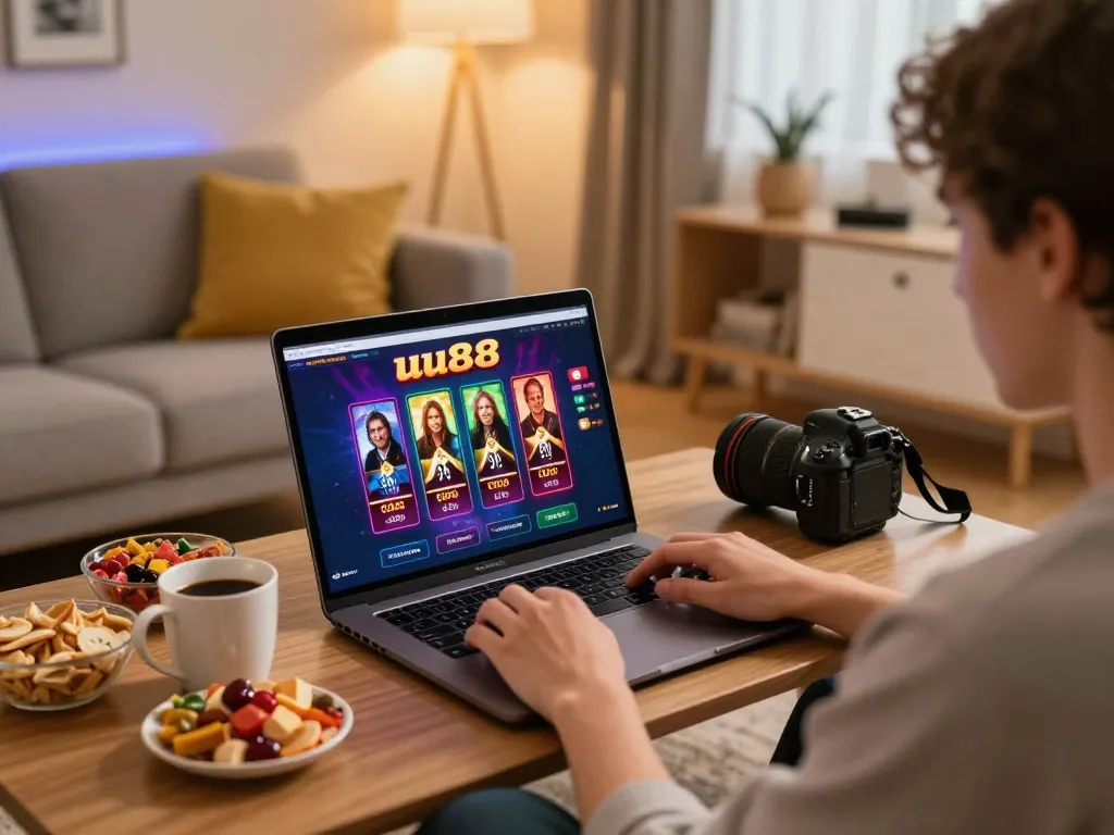 Engaged player enjoying uu88 casino on a laptop with snacks in a cozy home setup.