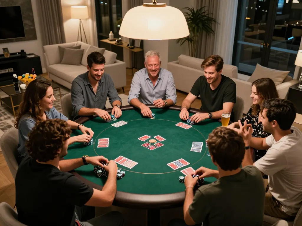 Fly888 players enjoying a vibrant home poker night, engaging in strategic gameplay with friends.