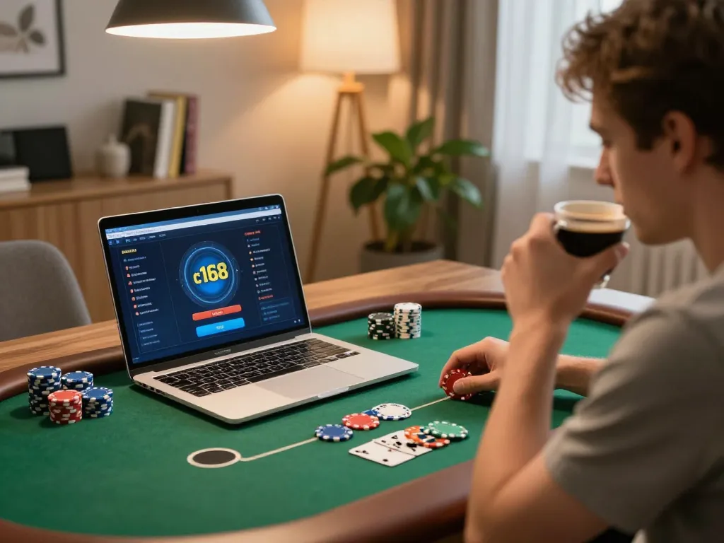 Player strategizing on c168 com during online poker session in cozy setting