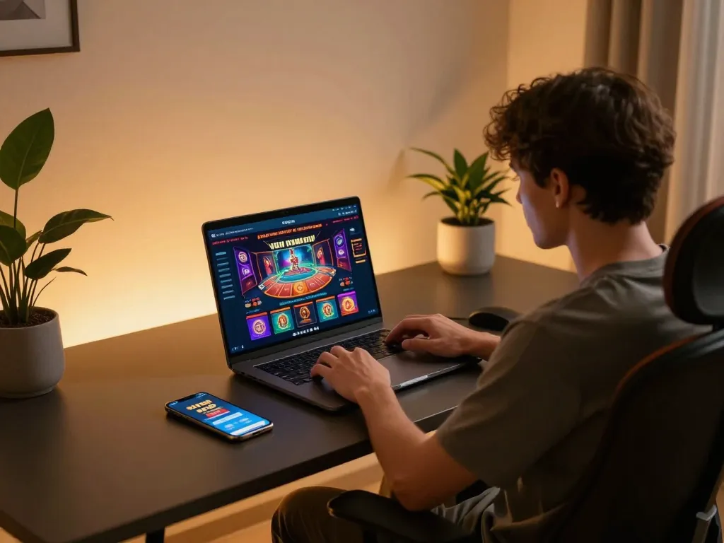 Engaging with XX 88 online casino on a sleek laptop at a cozy gaming setup.