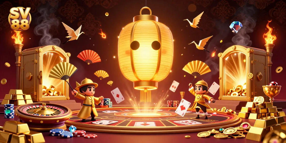 SV 88 showcases a captivating live casino scene with golden lantern spirits, vibrant gaming elements, and rich details.