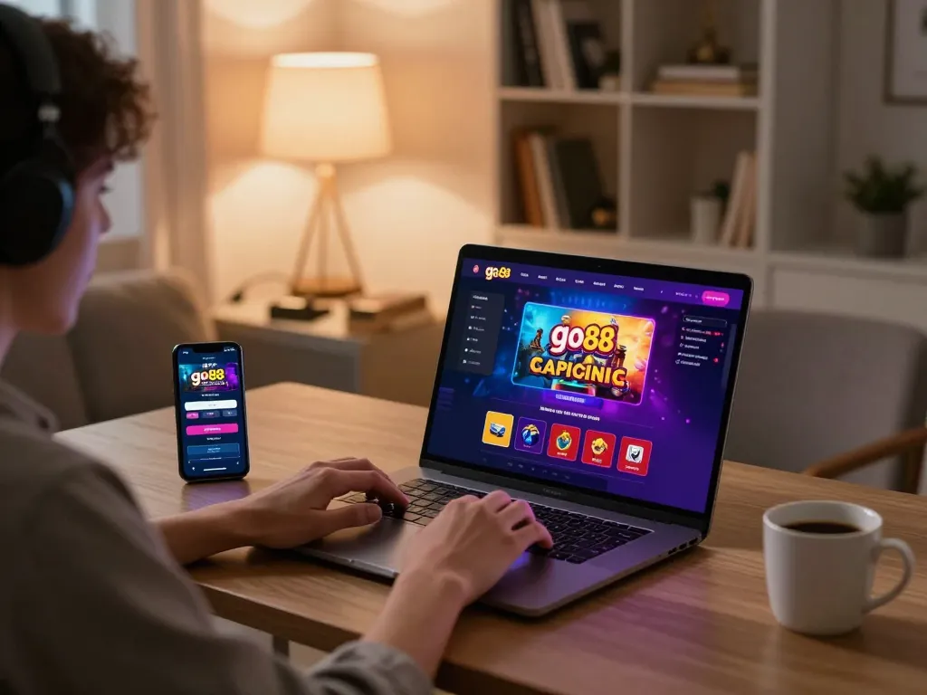 Player engaging with the go88 casino platform on a stylish laptop in a cozy home office setting.