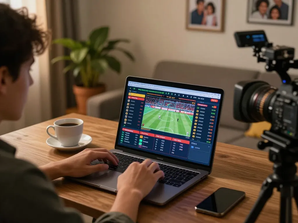 Player analyzing kèo nhà cái trực tiếp on laptop, focused on betting strategies in cozy home office