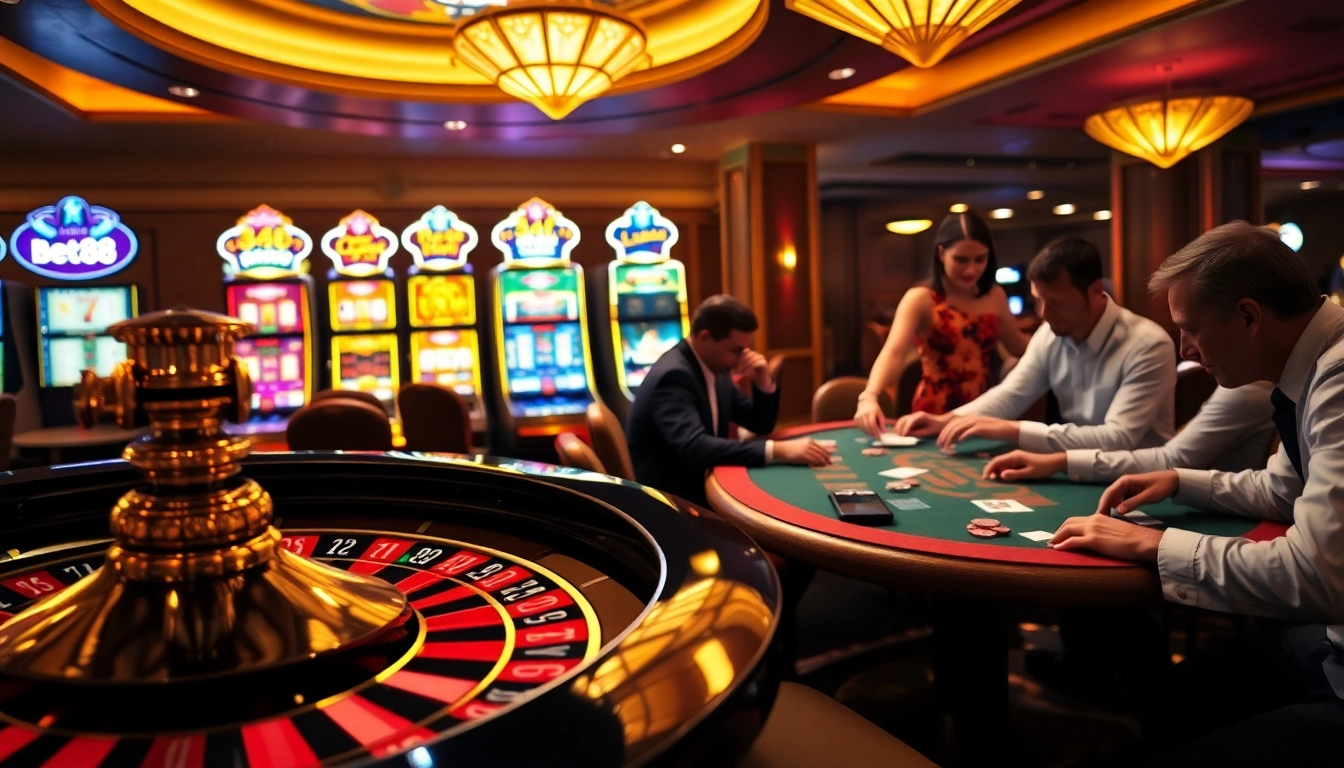 Players enjoying a thrilling Bet88 casino experience with vibrant slot machines and a roulette wheel.