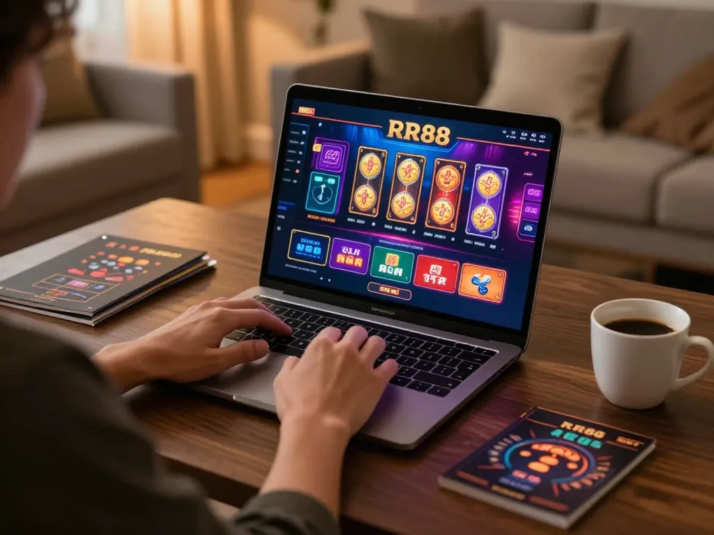 Experience RR88 online gambling with a vibrant casino interface and strategic betting guides in a cozy setting