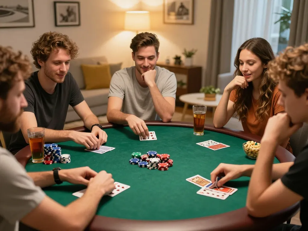 Performing strategic poker gameplay with friends at home while enjoying snacks at https://lode884.co.com/.