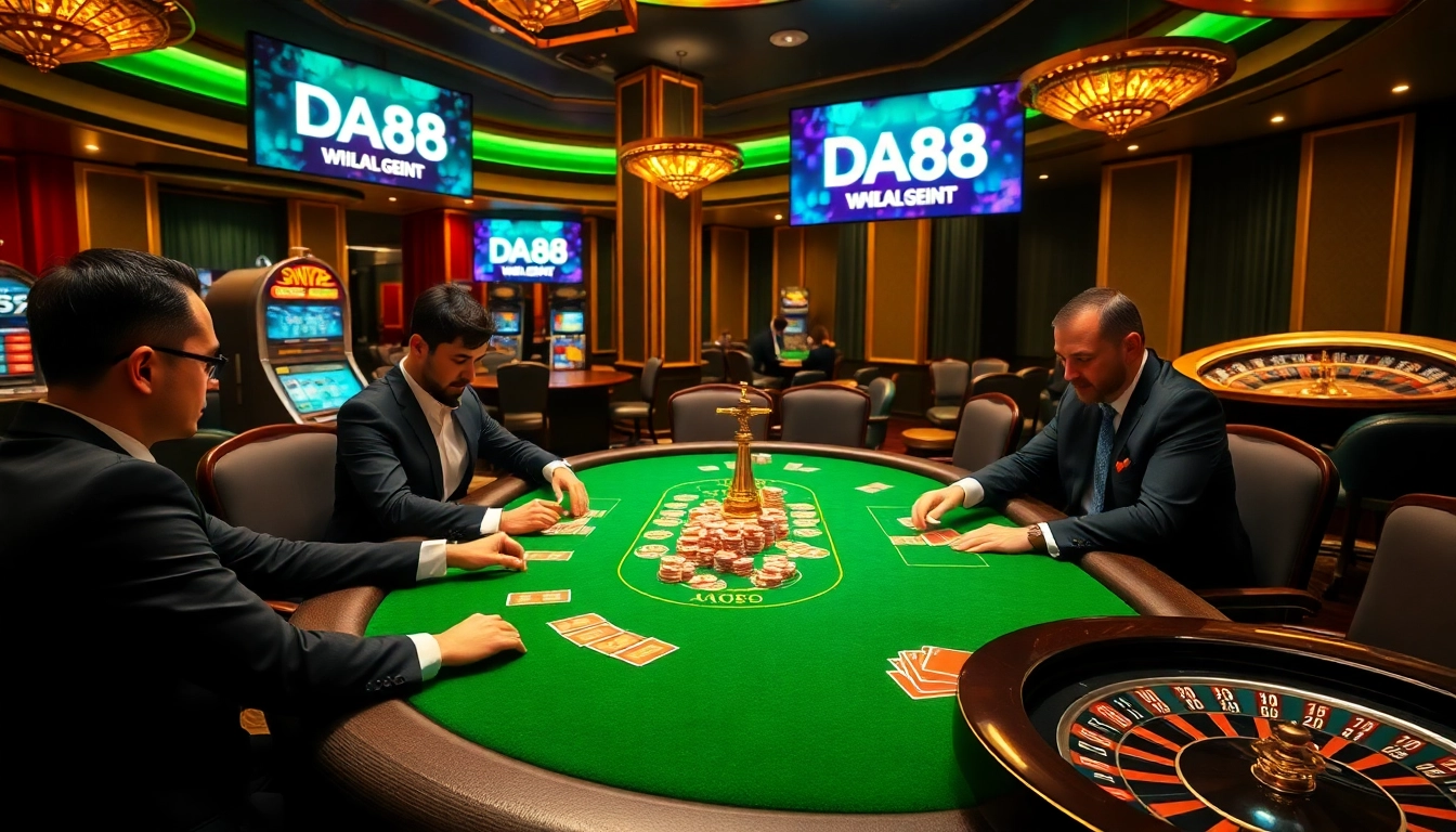 Players enjoying high-stakes poker at a luxurious casino table, featuring DA88 branding.