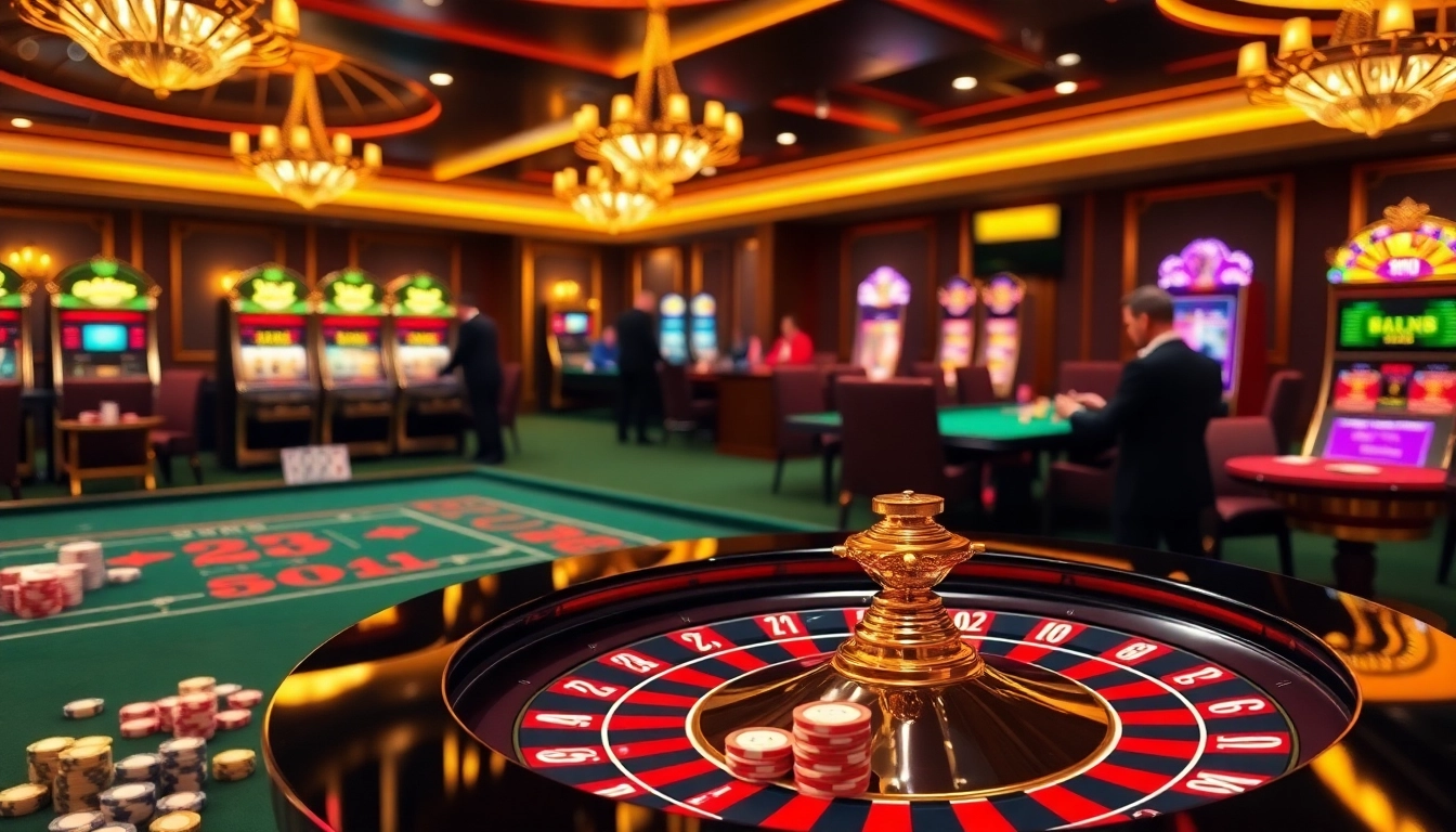 Experience thrilling games at https://qq888.dev/ with a vibrant casino scene featuring roulette, poker, and slot machines.