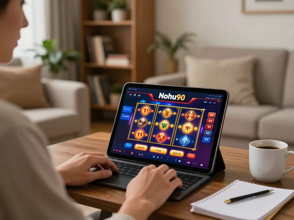 Nohu90 enables immersive online gaming with slots viewed on a tablet in a cozy home setting.
