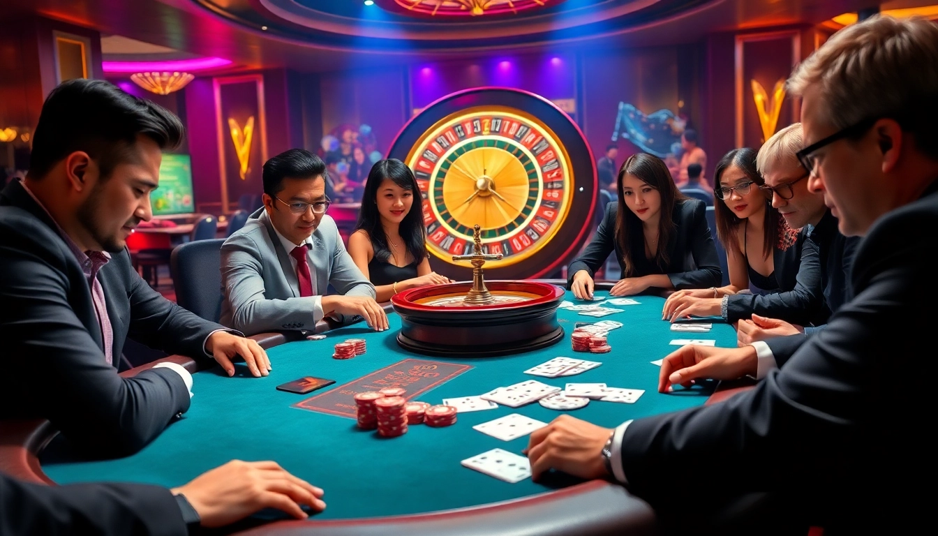 Players strategizing at a luxurious Game bài 69VN table during an exciting poker match.