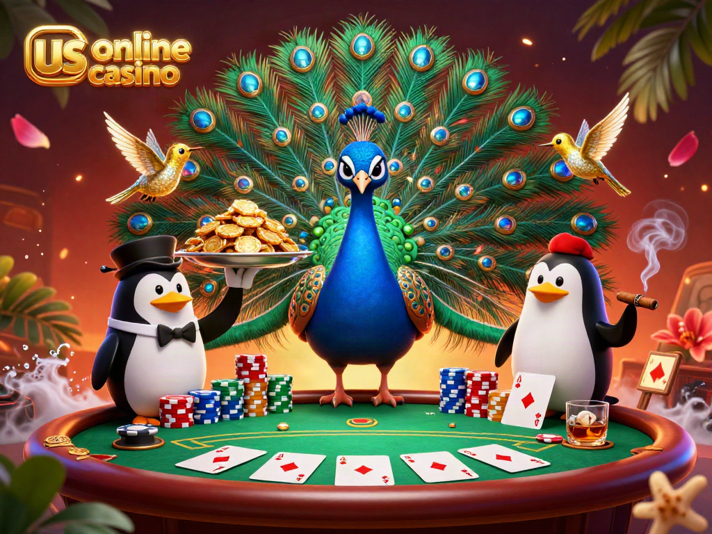 Experience the excitement of us online casino with colorful poker elements and vibrant characters.