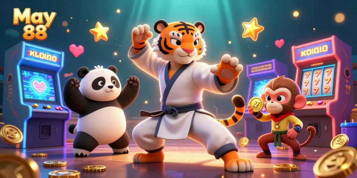 Experience May 88 excitement with a kung fu tiger mastering casino games, surrounded by slot reels.