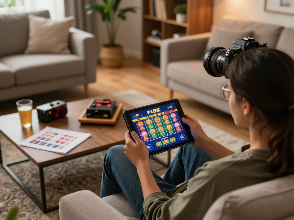 Engaging online gaming experience with F168 on tablet at cozy home setup, capturing strategic gameplay.