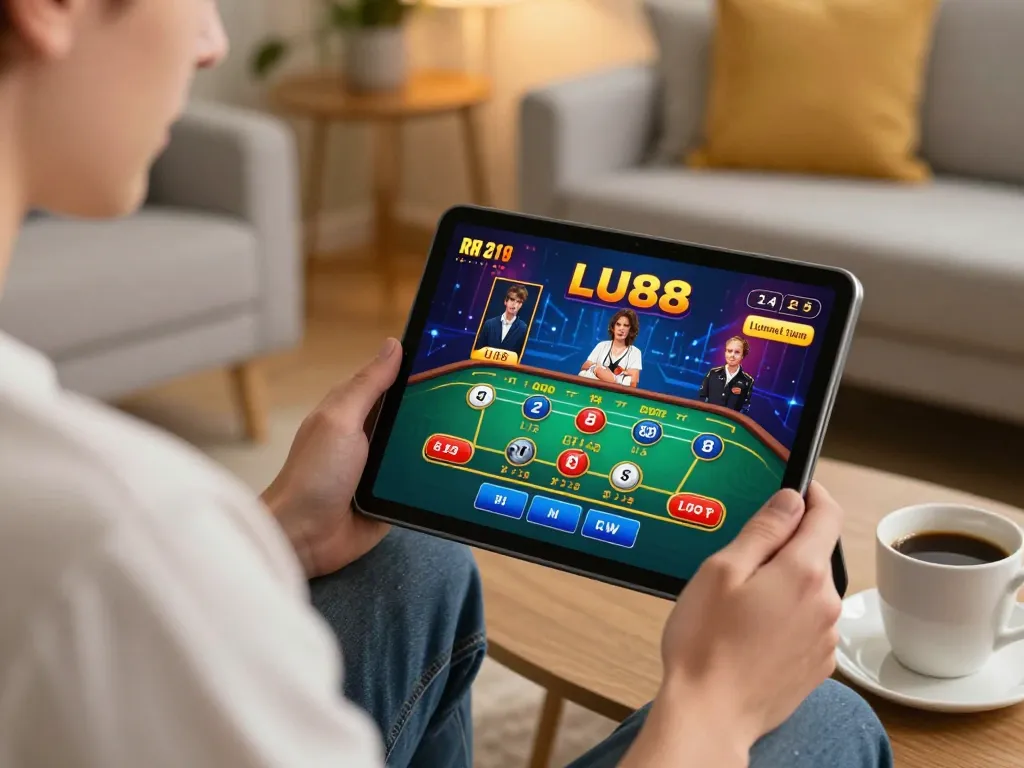 Engaging in LU88 bet, a user plays live dealer casino game on tablet in a cozy home setting.