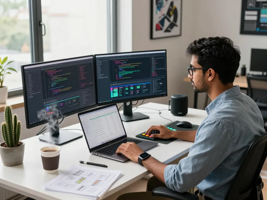 Innovative Techsslaash workspace with developer coding at dual monitors in modern office setting.