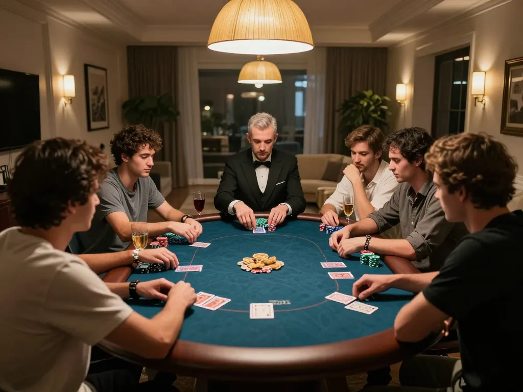 Bet88 players enjoying a thrilling poker night with chips and cards under warm lighting.