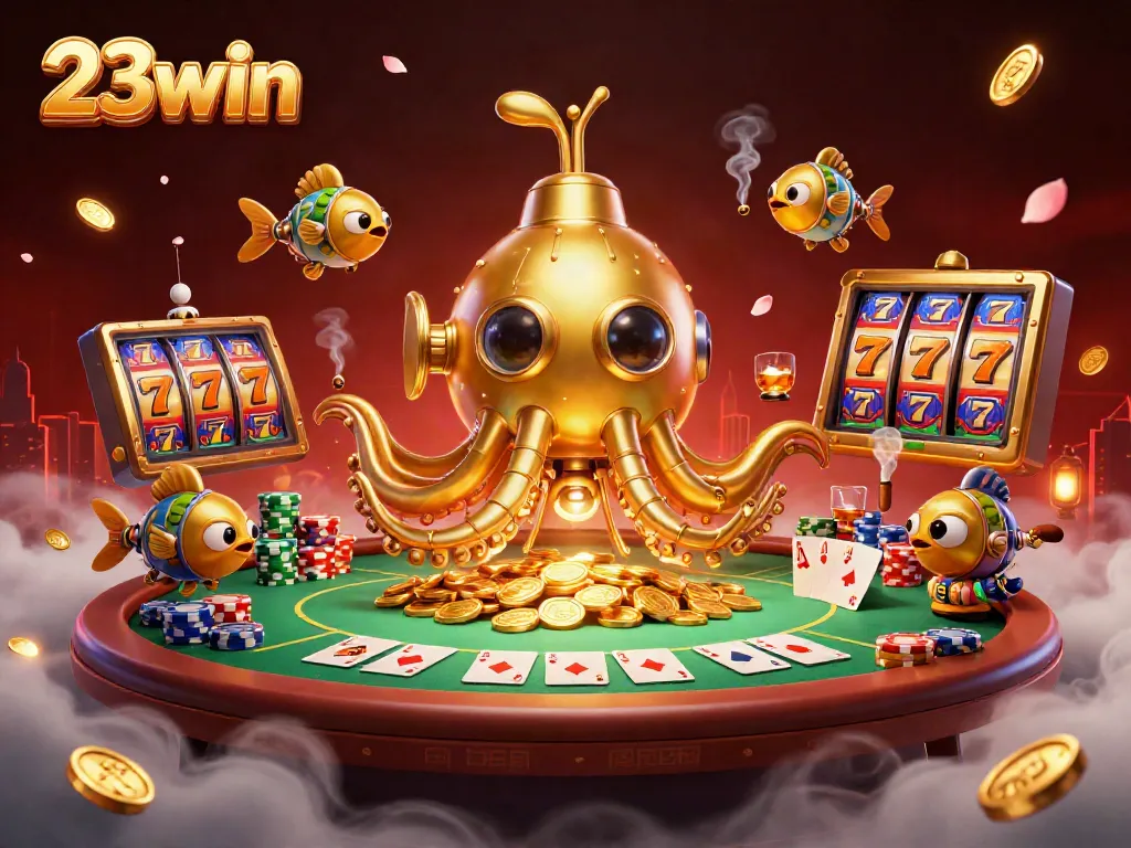 Experience exciting gameplay with the 23win golden kraken submarine and gaming elements in a vibrant casino scene.