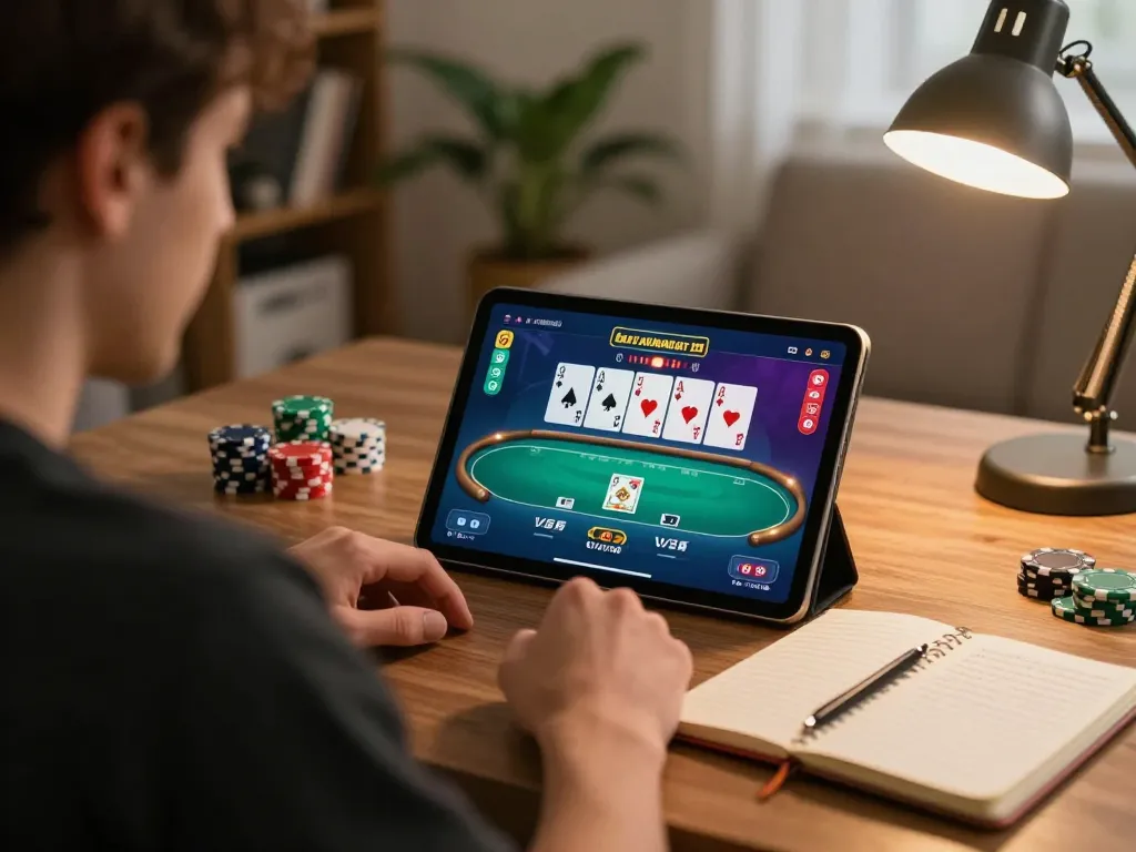 Engaging in online poker at home while using the go99 tablet for a thrilling experience.