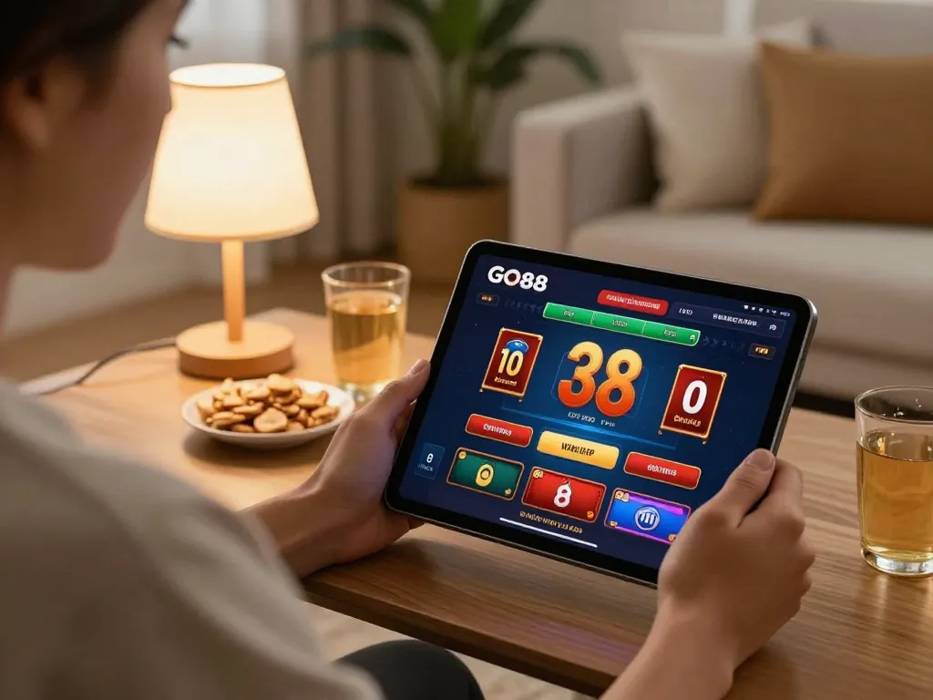 Playing games on GO88 at home with a tablet in a cozy setting