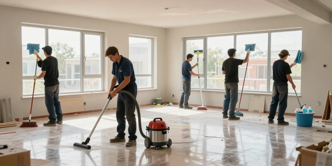 A professional clean team details the area post-construction, highlighting the bauendreinigung preis for thorough final cleaning services.