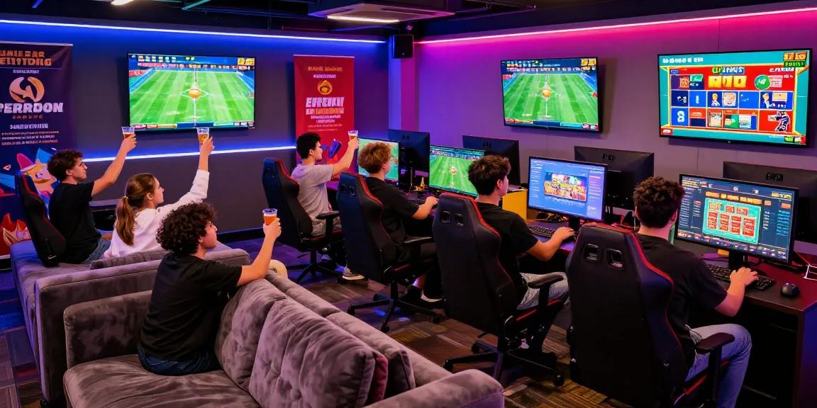 Exciting gaming atmosphere at cm88z.com.co, with players enjoying sports betting and casino games in a vibrant lounge.