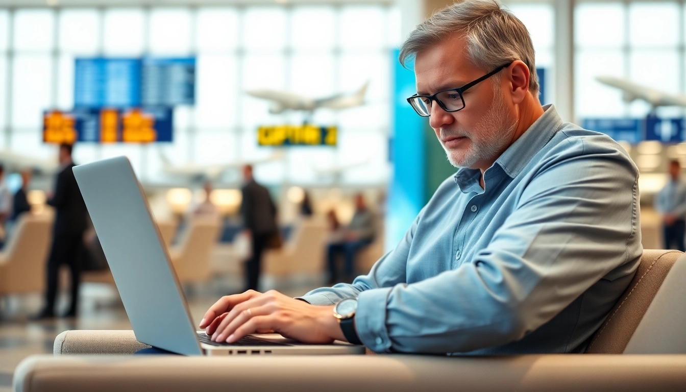 Submit your uk eta online application efficiently with a focused traveler working at an airport lounge.