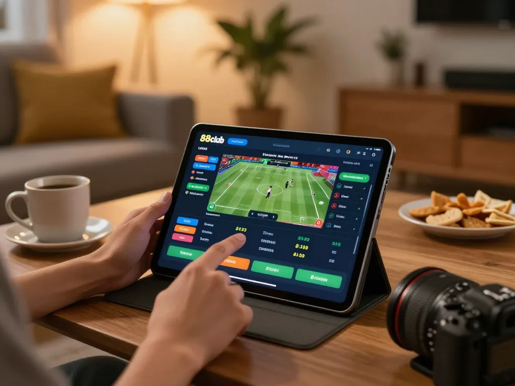 Engaging view of a user placing bets on the 88club sports betting app with snacks and drinks in a cozy home setting.