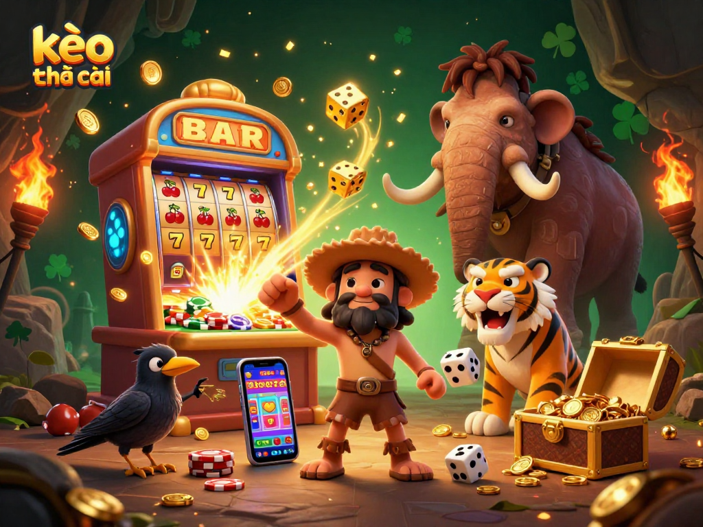 Engage with kèo nhà cái featuring a dynamic caveman and sabertooth duo in a vibrant prehistoric casino scene.