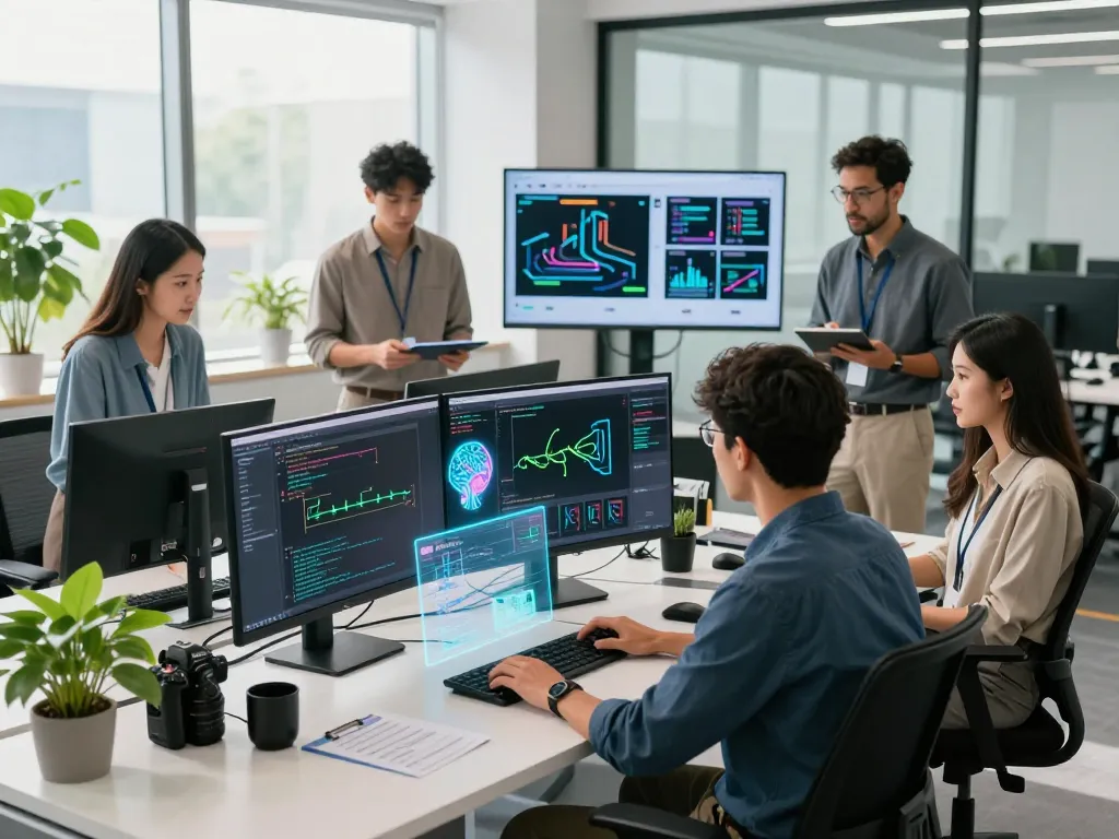 Mind control technology team collaborating on AI development in a modern office.