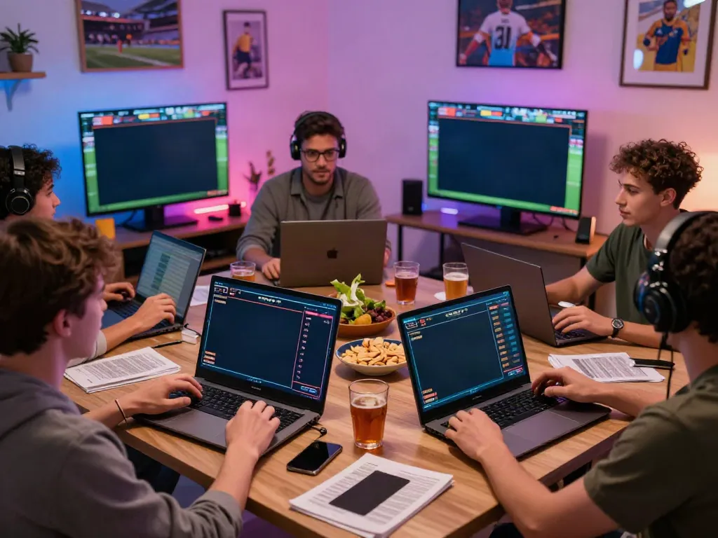 Group of friends enjoying online betting experience with Nhà cái zbet, exciting atmosphere and sports screens.
