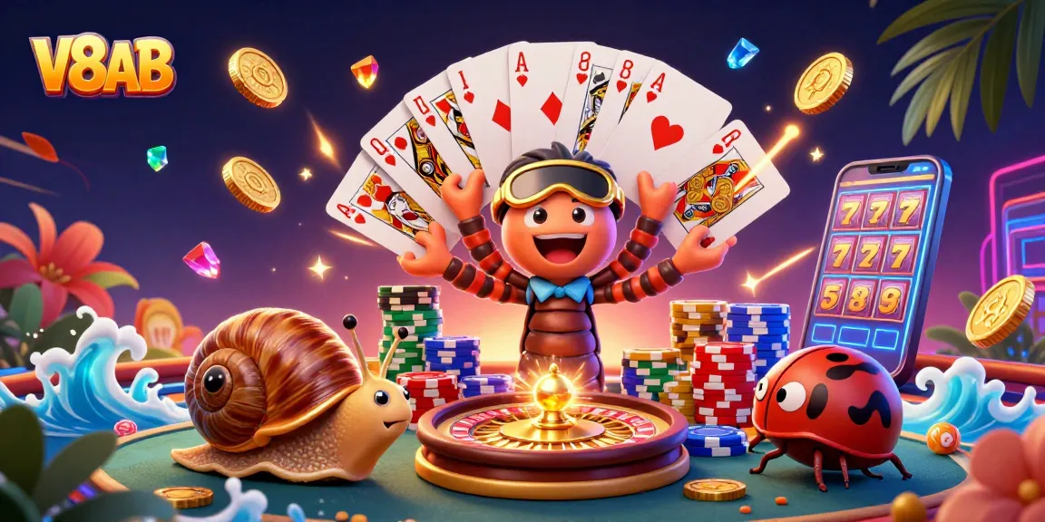 Engage with thrilling V8AB casino action among vibrant characters and festive decorations.