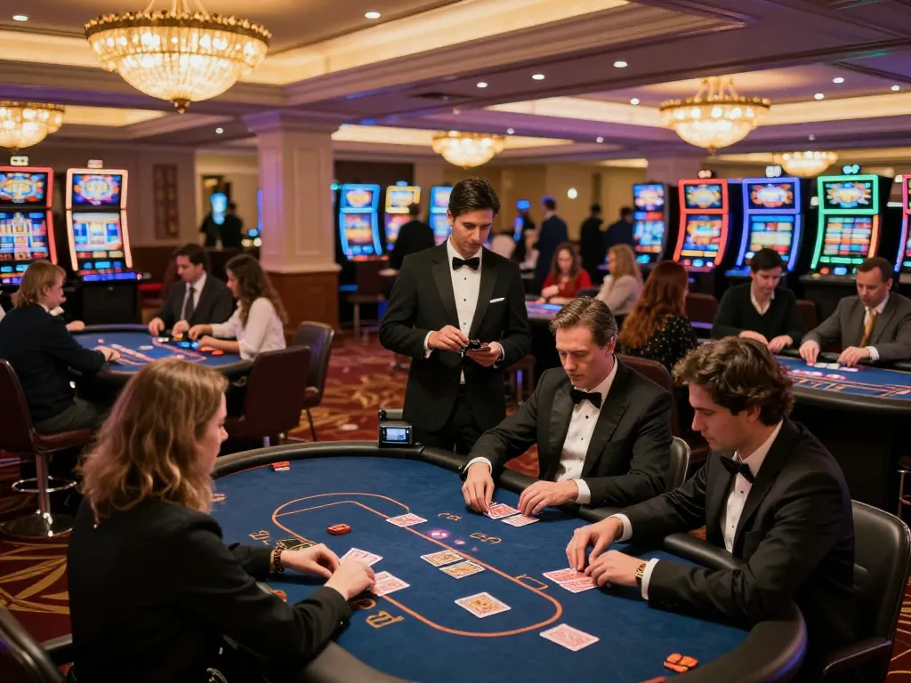 gem88 players engaged in poker strategy at a vibrant casino table with dealer shuffling cards