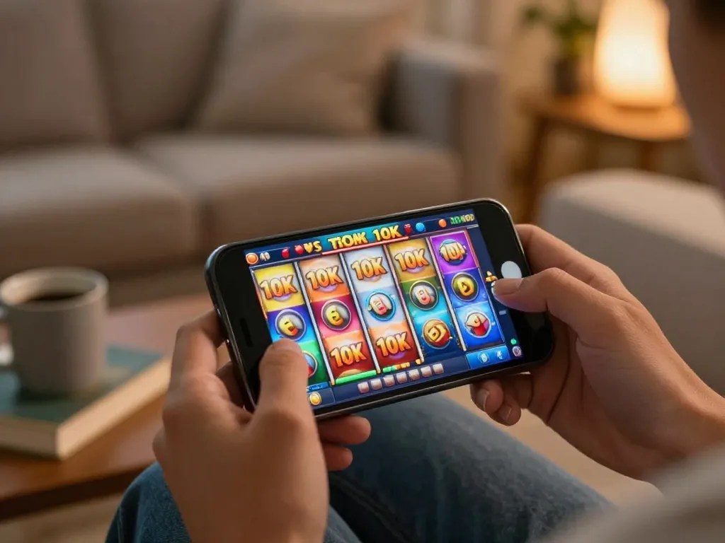 Engaging gameplay of slot 10K on smartphone, showcasing vibrant reels in cozy home setting