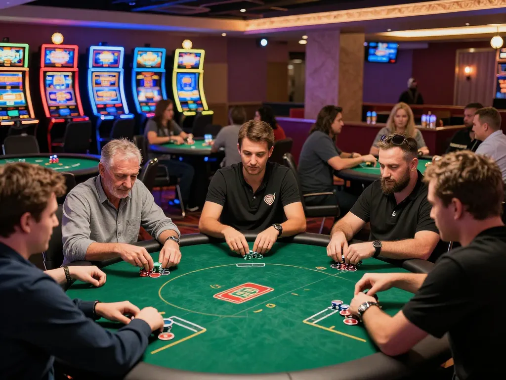Players strategizing at the poker table in 78WIN casino, showcasing an engaging gambling experience
