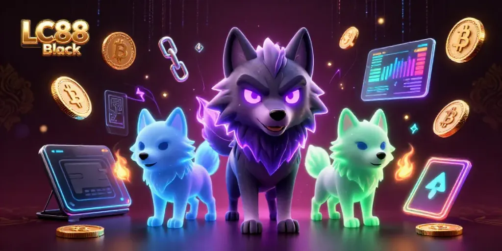 Win big with LC88 Black in a vibrant casino scene filled with ghostly wolves and crypto elements.