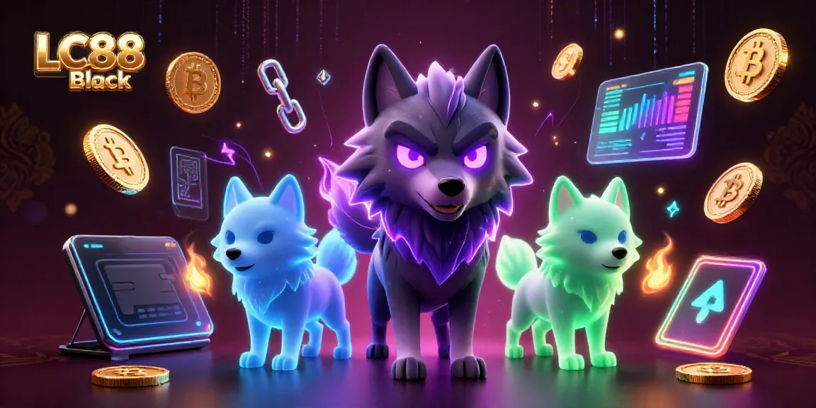 Win big with LC88 Black in a vibrant casino scene filled with ghostly wolves and crypto elements.