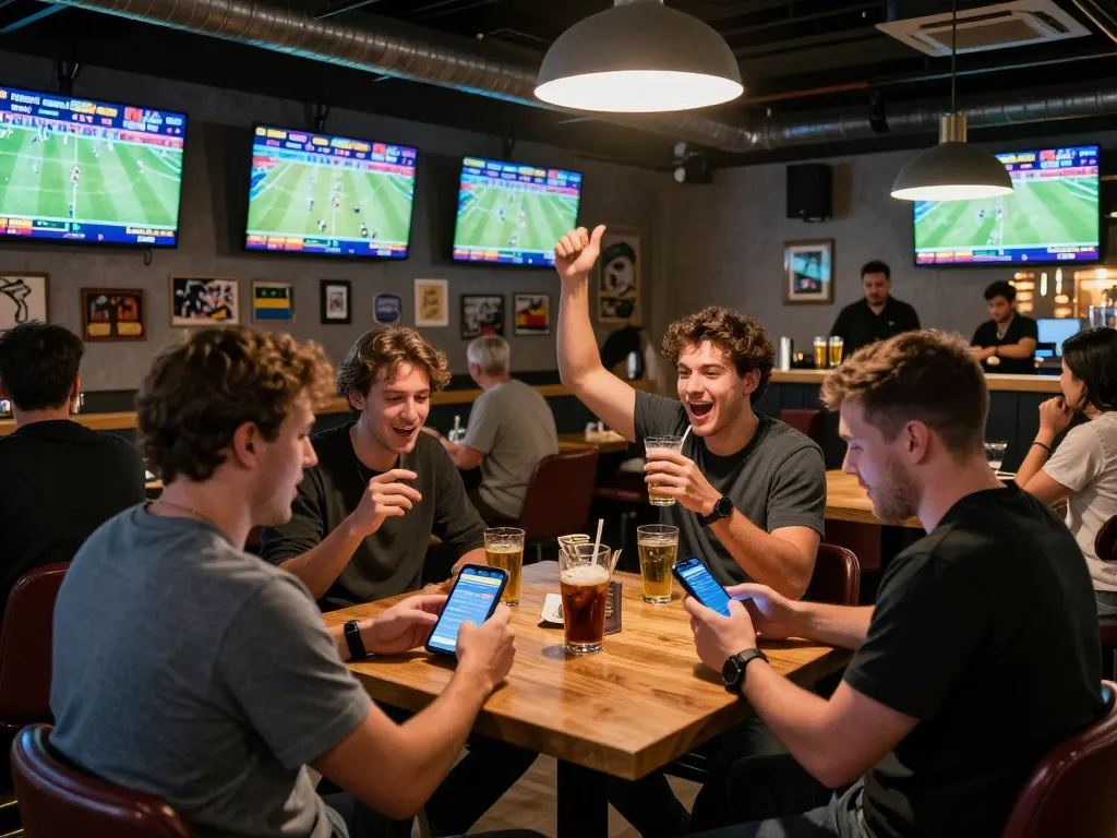 Five88 patrons engaged in lively sports betting at a modern bar with excitement and screens.