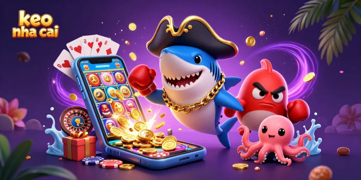Engage with keo nha cai as a cartoon pirate shark leads a winning slot game adventure with friends.