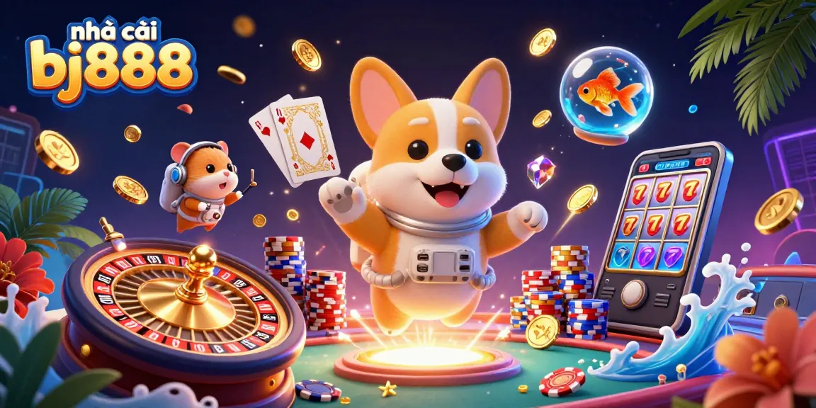 Experience the exciting atmosphere of nhà cái bj888 with vibrant 3D characters and casino elements.
