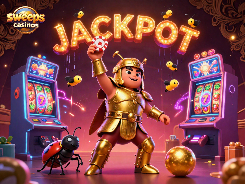 Vibrant depiction of sweeps casinos with a heroic beetle celebrating a jackpot in a dynamic slot machine scene