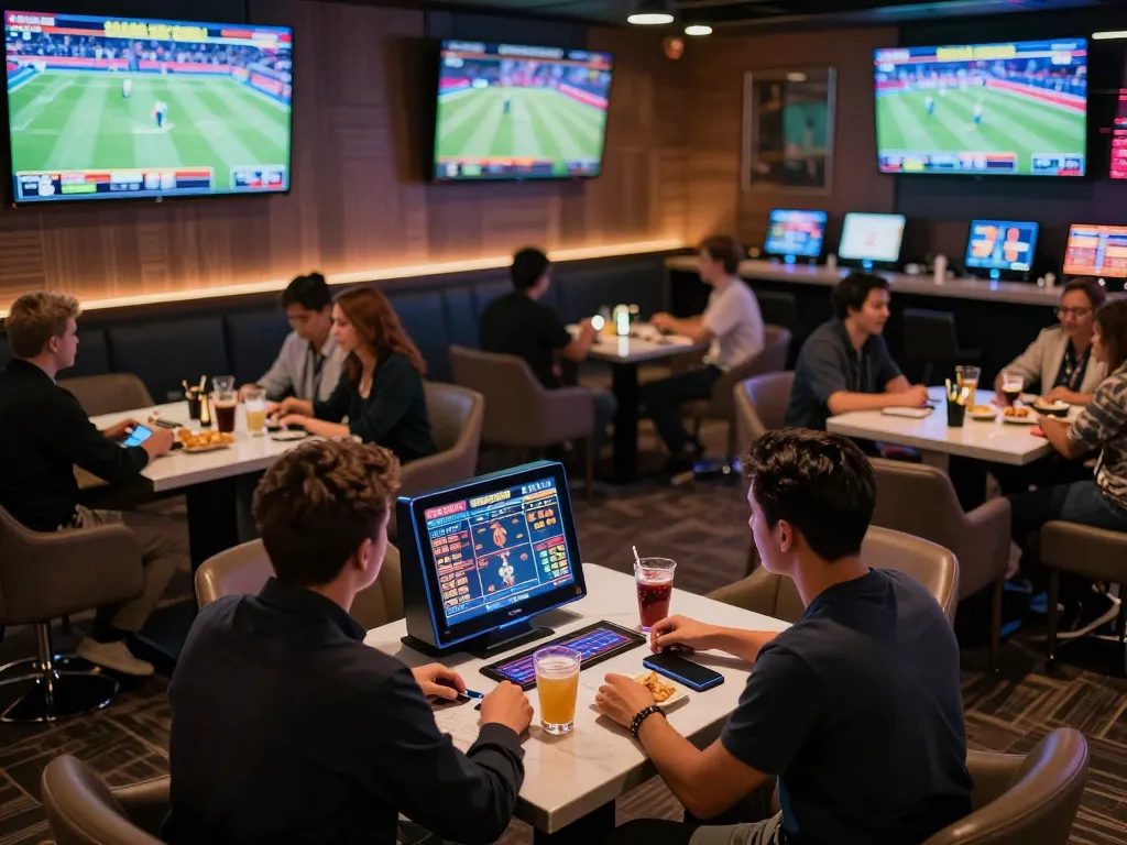 F168 betting enthusiasts engaging with live sports while placing bets in a modern lounge.