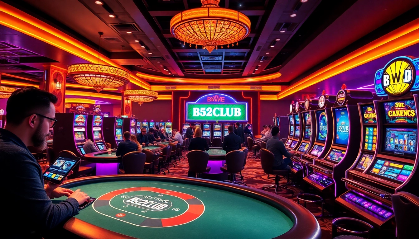 B52CLUB players enjoying an exciting online gaming experience with vibrant casino elements.