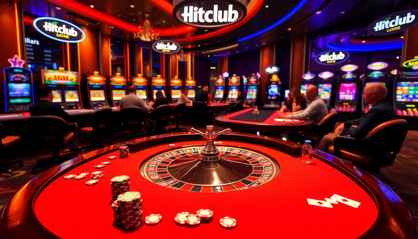 Players enjoying a thrilling game at Hitclub casino, surrounded by colorful chips and a roulette table.