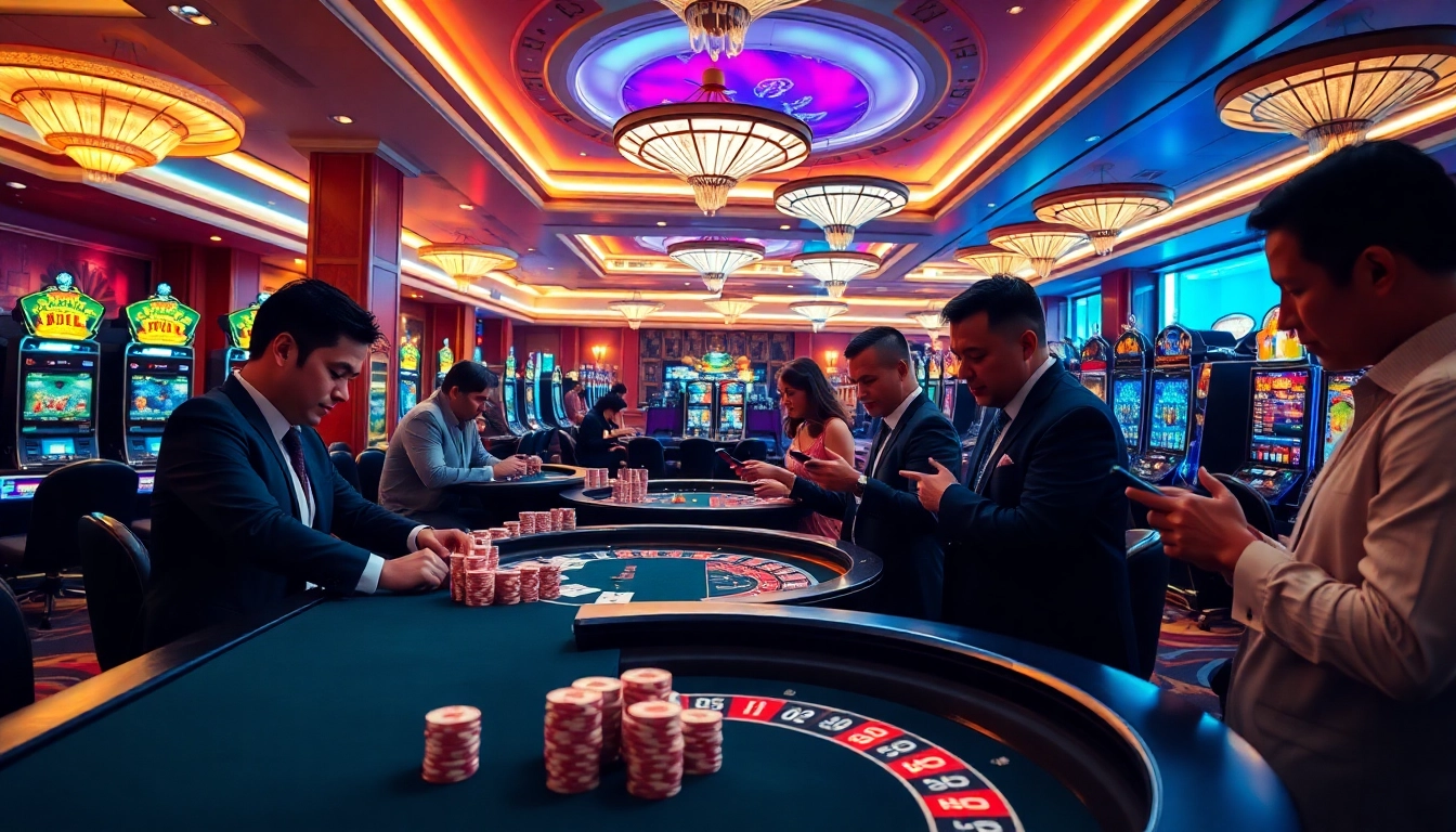 Engage with app bem92 in a vibrant casino setting featuring poker, roulette, and slot machines.