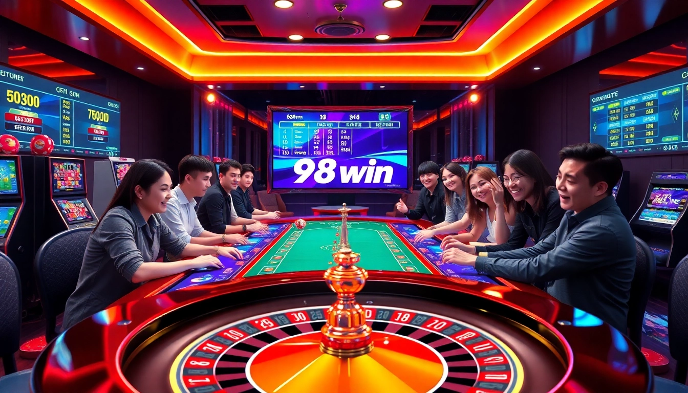 98win casino gaming action scene with vibrant table games, roulette, and players enjoying bets.