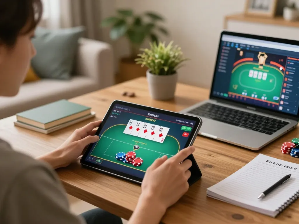 Engaged gamer playing poker on luck8 tablet in a cozy living room setting.