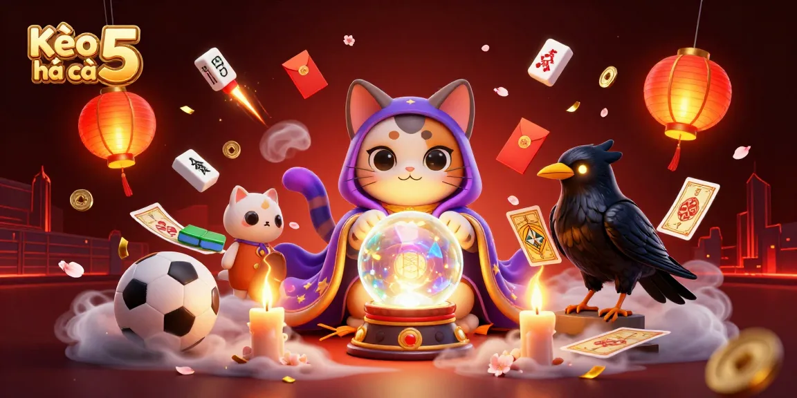 Kèo nhà cái 5 showcases a mystical fortune teller cat and a tarot raven amidst dynamic sports betting elements.